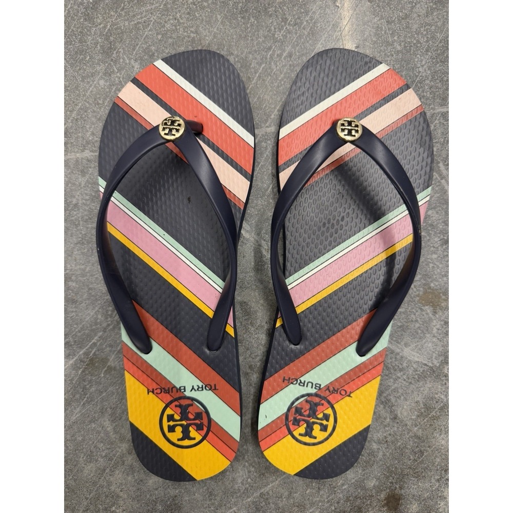 Tory Burch Women's US 9 Striped Logo Flip Flop Sandals Multicolor Navy EVA